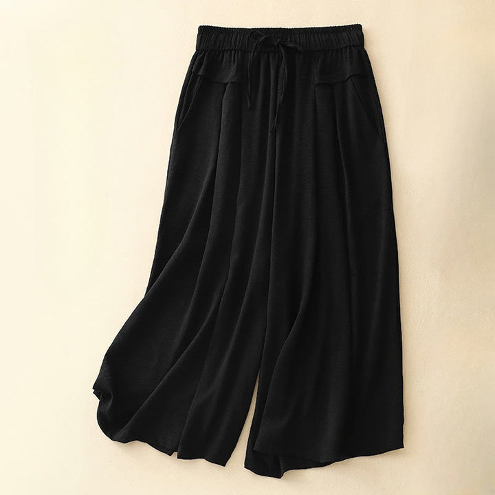 Pantaloni da donna in lino e cotone a gamba larga con coulisse, con tasche, stile casual etnico semplice, motivo Buddha Stones