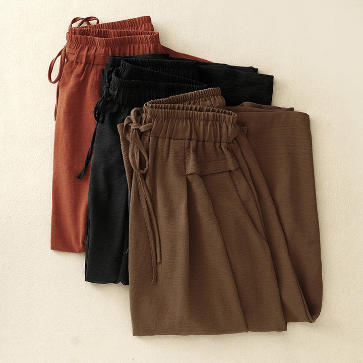 Pantaloni da donna in lino e cotone a gamba larga con coulisse, con tasche, stile casual etnico semplice, motivo Buddha Stones