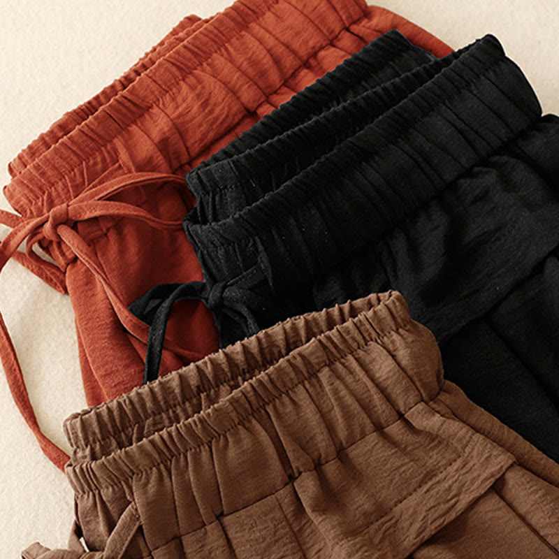 Pantaloni da donna in lino e cotone a gamba larga con coulisse, con tasche, stile casual etnico semplice, motivo Buddha Stones