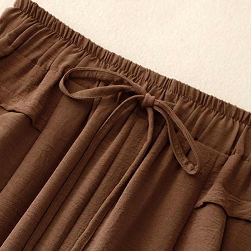 Pantaloni da donna in lino e cotone a gamba larga con coulisse, con tasche, stile casual etnico semplice, motivo Buddha Stones