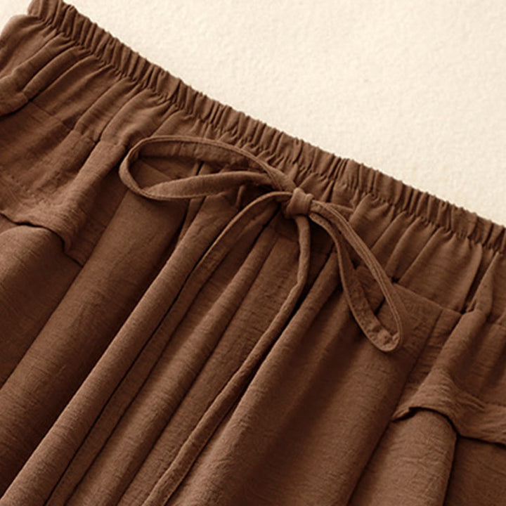 Pantaloni da donna in lino e cotone a gamba larga con coulisse, con tasche, stile casual etnico semplice, motivo Buddha Stones