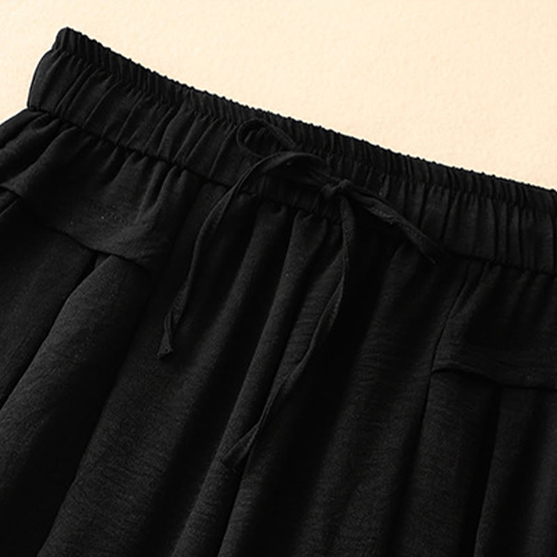 Pantaloni da donna in lino e cotone a gamba larga con coulisse, con tasche, stile casual etnico semplice, motivo Buddha Stones