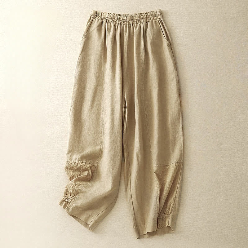 Pantaloni da donna in cotone e lino con tasche, modello patchwork in puro cotone e lino, con ricami estivi Buddha Stones
