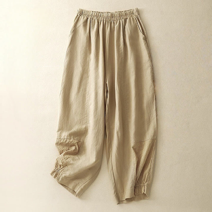 Pantaloni da donna in cotone e lino con tasche, modello patchwork in puro cotone e lino, con ricami estivi Buddha Stones
