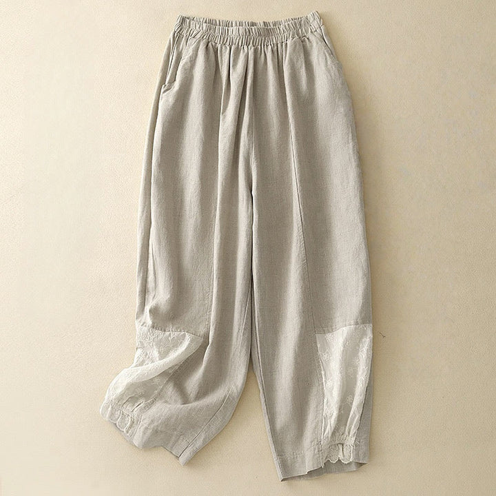 Pantaloni da donna in cotone e lino con tasche, modello patchwork in puro cotone e lino, con ricami estivi Buddha Stones