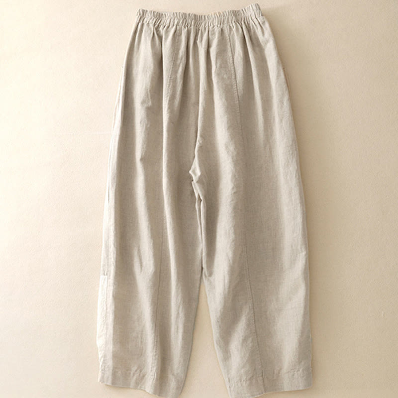 Pantaloni da donna in cotone e lino con tasche, modello patchwork in puro cotone e lino, con ricami estivi Buddha Stones