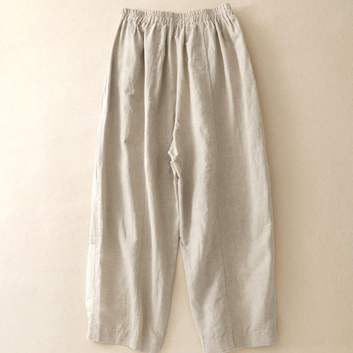 Pantaloni da donna in cotone e lino con tasche, modello patchwork in puro cotone e lino, con ricami estivi Buddha Stones