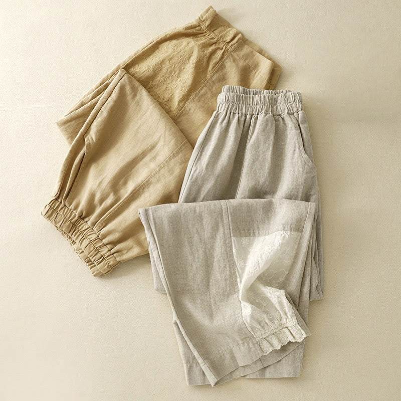 Pantaloni da donna in cotone e lino con tasche, modello patchwork in puro cotone e lino, con ricami estivi Buddha Stones