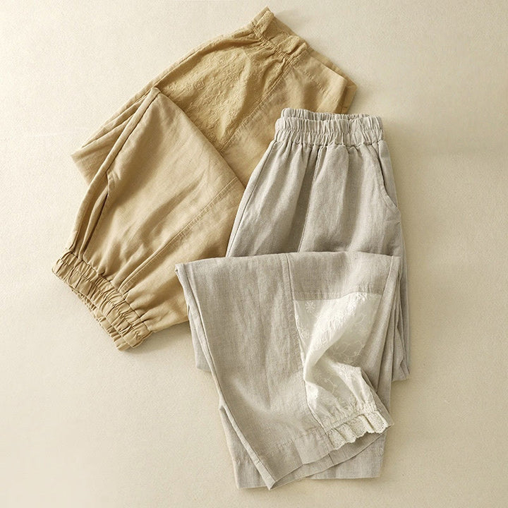 Pantaloni da donna in cotone e lino con tasche, modello patchwork in puro cotone e lino, con ricami estivi Buddha Stones