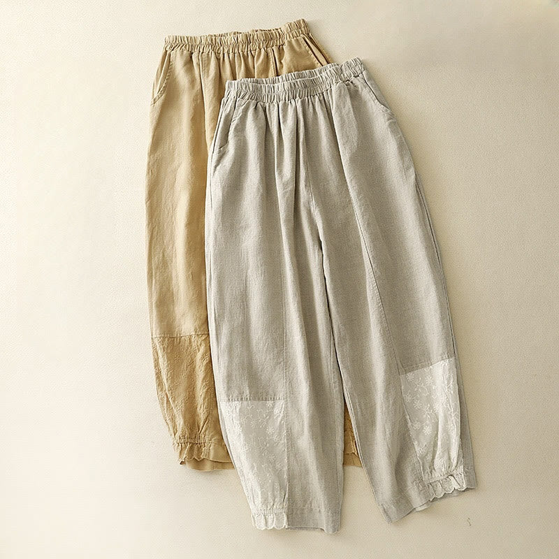 Pantaloni da donna in cotone e lino con tasche, modello patchwork in puro cotone e lino, con ricami estivi Buddha Stones
