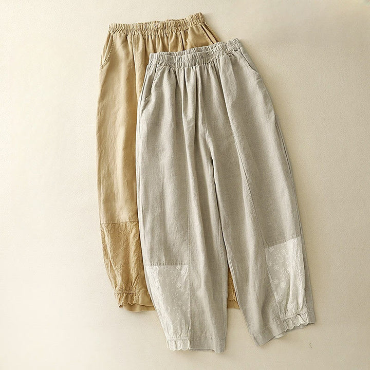 Pantaloni da donna in cotone e lino con tasche, modello patchwork in puro cotone e lino, con ricami estivi Buddha Stones