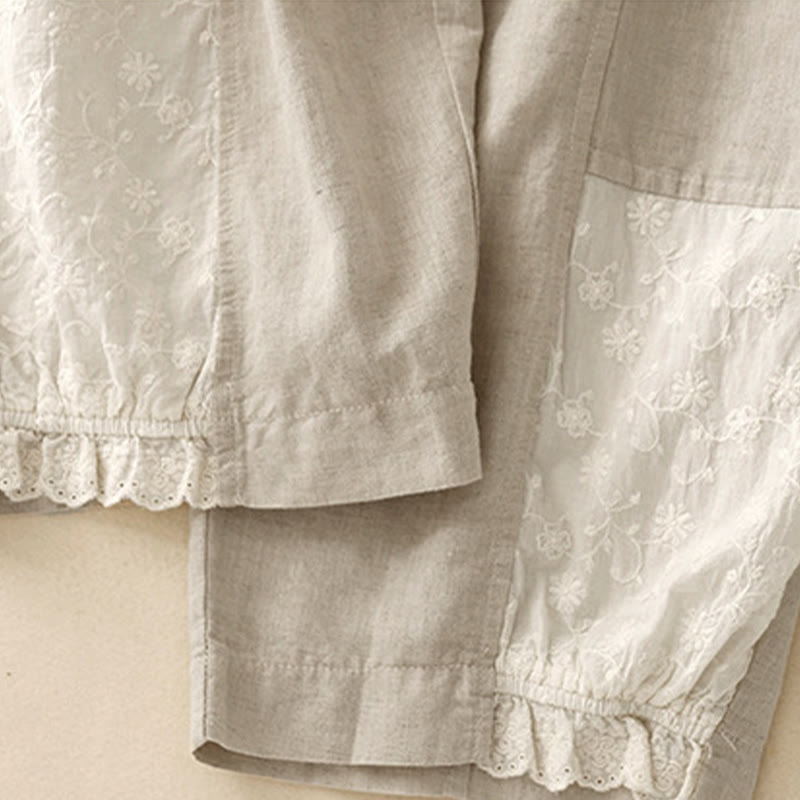 Pantaloni da donna in cotone e lino con tasche, modello patchwork in puro cotone e lino, con ricami estivi Buddha Stones