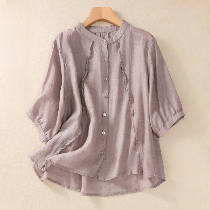 Camicia da donna a maniche a tre quarti in cotone e lino con bottoni, design a volant e stampa Buddha Stones, casual e semplice. - Cardo - US8-10, UK/AU12-14, EU40-42 (2XL) - image 0