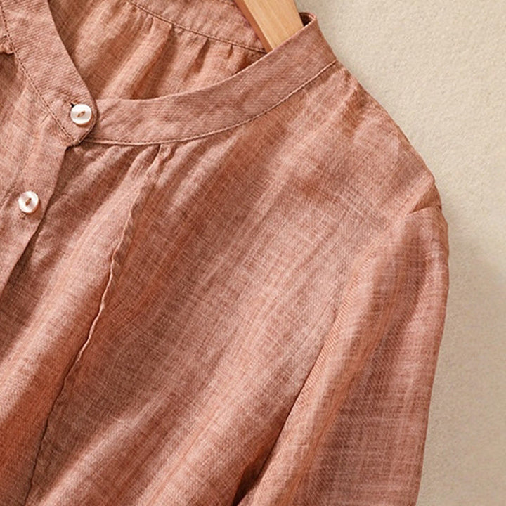 Camicia da donna a maniche a tre quarti in cotone e lino con bottoni, design a volant e stampa Buddha Stones, casual e semplice. - image 19