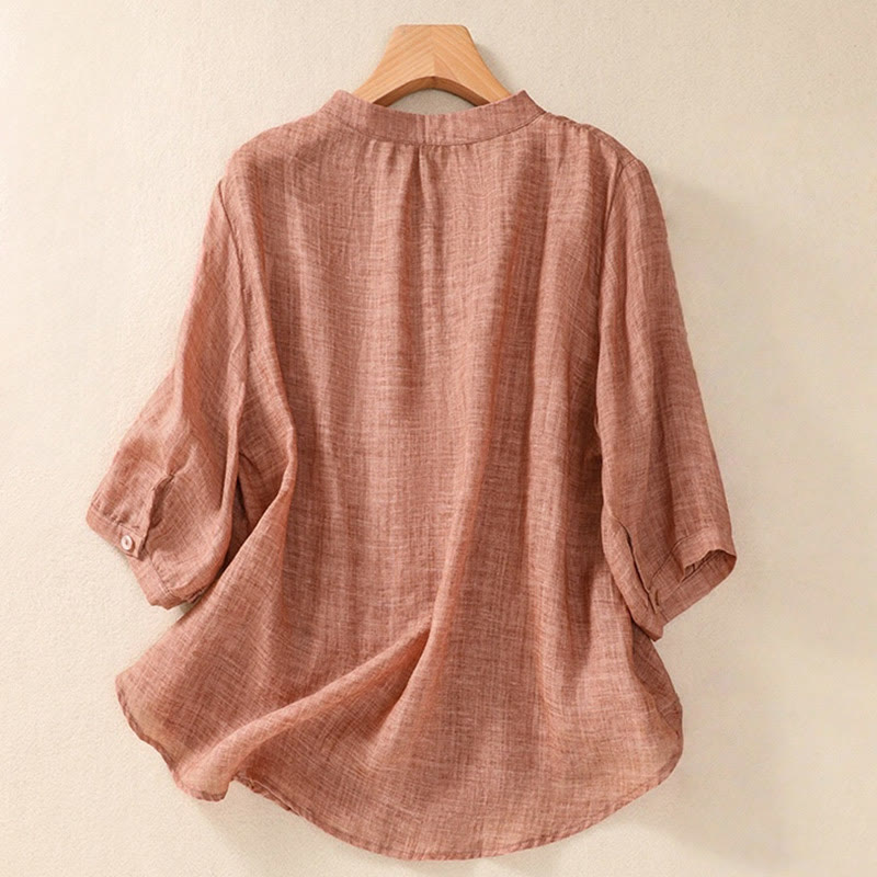 Camicia da donna a maniche a tre quarti in cotone e lino con bottoni, design a volant e stampa Buddha Stones, casual e semplice. - image 16