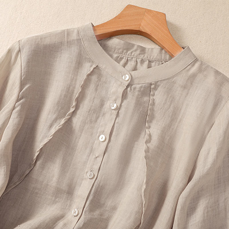 Camicia da donna a maniche a tre quarti in cotone e lino con bottoni, design a volant e stampa Buddha Stones, casual e semplice. - image 9