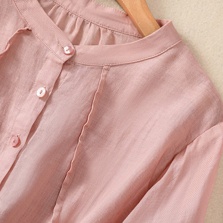 Camicia da donna a maniche a tre quarti in cotone e lino con bottoni, design a volant e stampa Buddha Stones, casual e semplice. - image 25