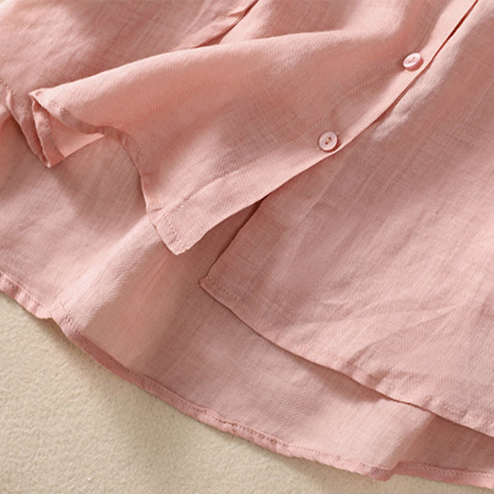 Camicia da donna a maniche a tre quarti in cotone e lino con bottoni, design a volant e stampa Buddha Stones, casual e semplice. - image 30