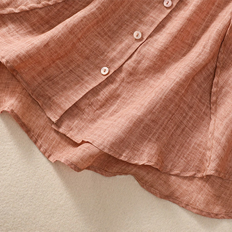 Camicia da donna a maniche a tre quarti in cotone e lino con bottoni, design a volant e stampa Buddha Stones, casual e semplice. - image 20