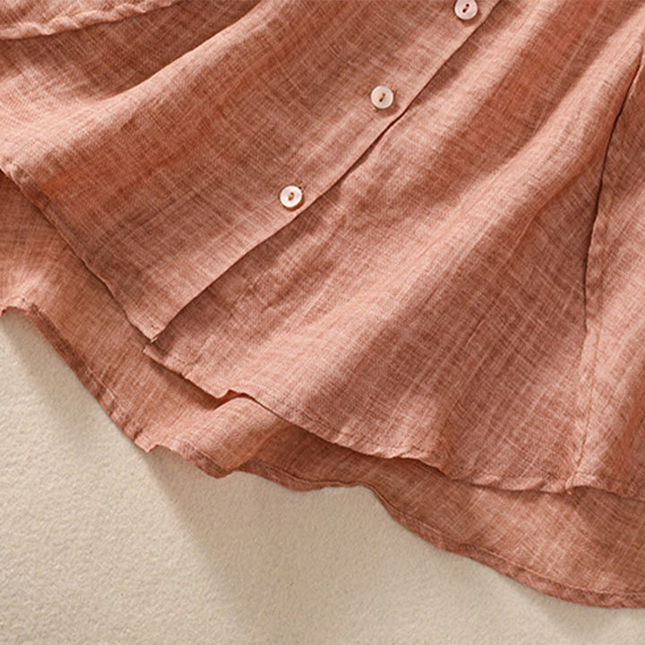 Camicia da donna a maniche a tre quarti in cotone e lino con bottoni, design a volant e stampa Buddha Stones, casual e semplice. - image 20