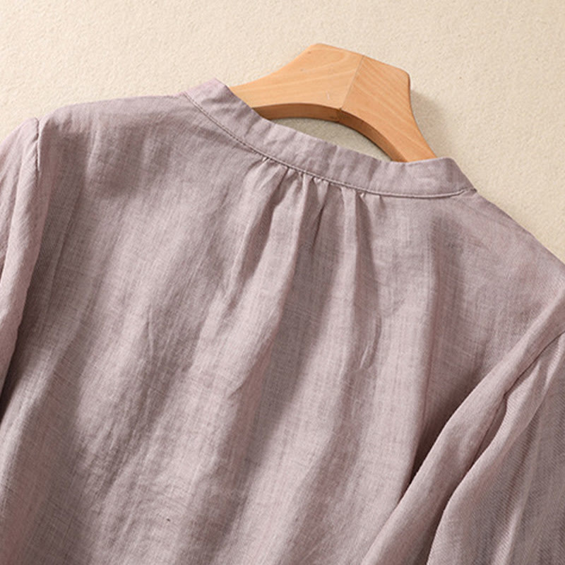 Camicia da donna a maniche a tre quarti in cotone e lino con bottoni, design a volant e stampa Buddha Stones, casual e semplice. - image 3