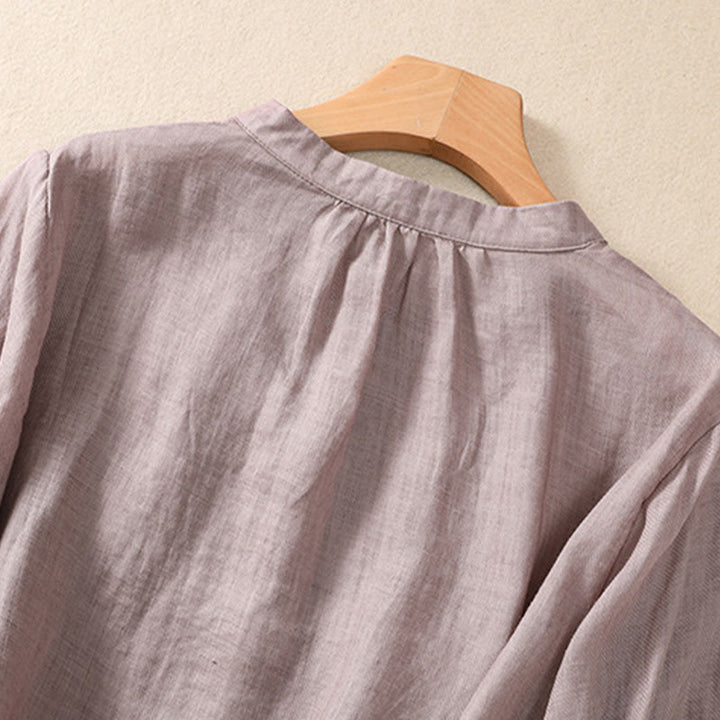 Camicia da donna a maniche a tre quarti in cotone e lino con bottoni, design a volant e stampa Buddha Stones, casual e semplice. - image 3