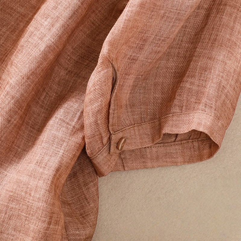 Camicia da donna a maniche a tre quarti in cotone e lino con bottoni, design a volant e stampa Buddha Stones, casual e semplice. - image 22