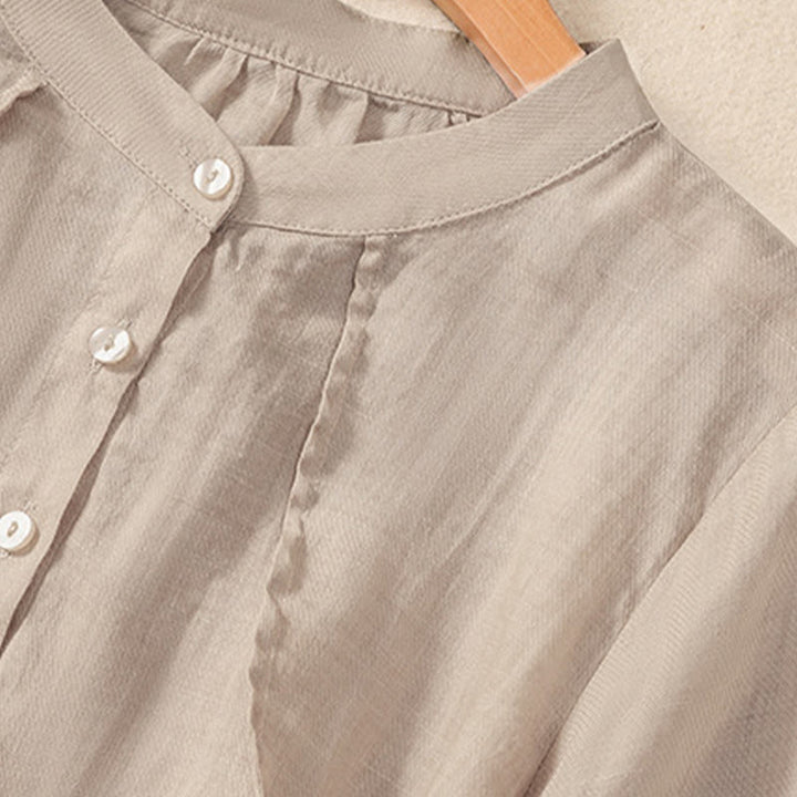 Camicia da donna a maniche a tre quarti in cotone e lino con bottoni, design a volant e stampa Buddha Stones, casual e semplice. - image 10