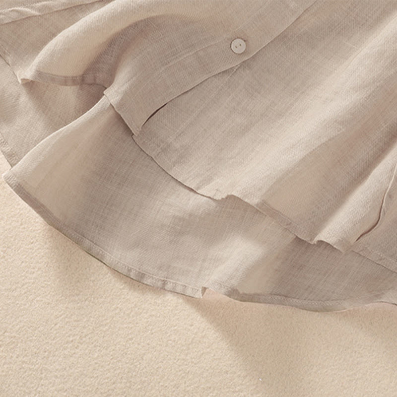 Camicia da donna a maniche a tre quarti in cotone e lino con bottoni, design a volant e stampa Buddha Stones, casual e semplice. - image 13