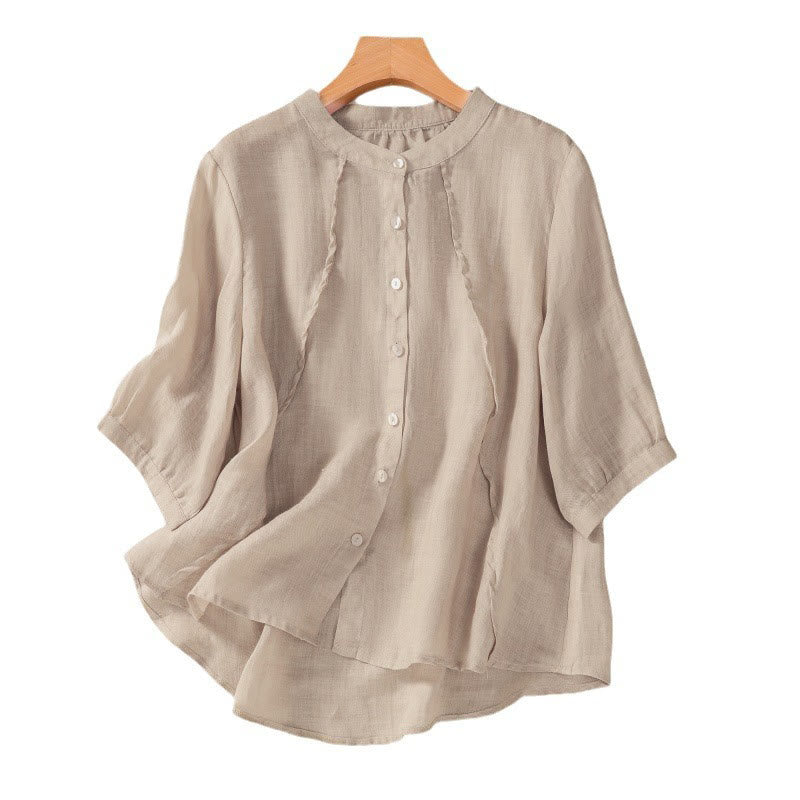 Camicia da donna a maniche a tre quarti in cotone e lino con bottoni, design a volant e stampa Buddha Stones, casual e semplice. - image 14