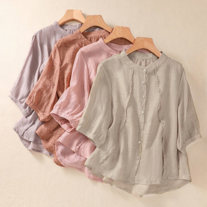 Camicia da donna a maniche a tre quarti in cotone e lino con bottoni, design a volant e stampa Buddha Stones, casual e semplice. - image 32