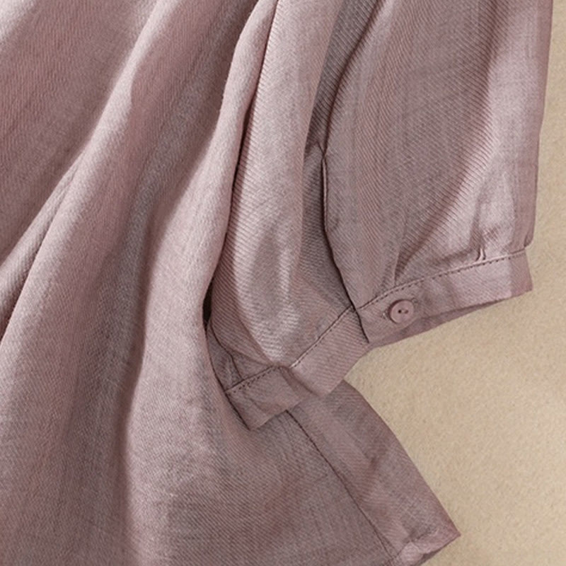 Camicia da donna a maniche a tre quarti in cotone e lino con bottoni, design a volant e stampa Buddha Stones, casual e semplice. - image 4