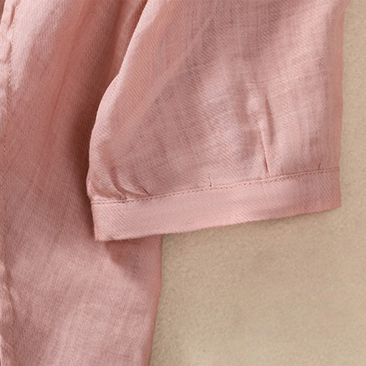 Camicia da donna a maniche a tre quarti in cotone e lino con bottoni, design a volant e stampa Buddha Stones, casual e semplice. - image 28