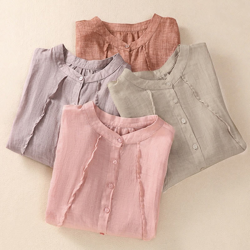 Camicia da donna a maniche a tre quarti in cotone e lino con bottoni, design a volant e stampa Buddha Stones, casual e semplice. - image 31