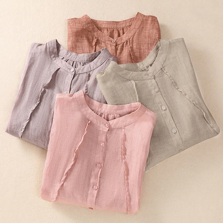 Camicia da donna a maniche a tre quarti in cotone e lino con bottoni, design a volant e stampa Buddha Stones, casual e semplice. - image 31