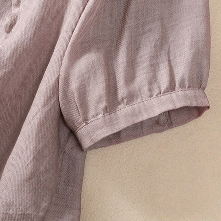 Camicia da donna a maniche a tre quarti in cotone e lino con bottoni, design a volant e stampa Buddha Stones, casual e semplice. - image 5