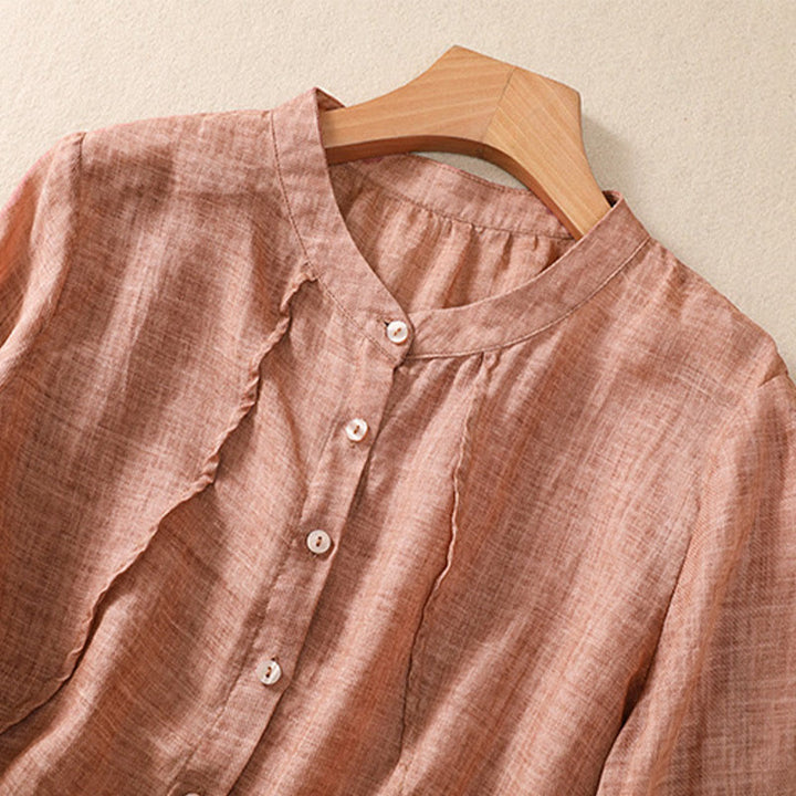 Camicia da donna a maniche a tre quarti in cotone e lino con bottoni, design a volant e stampa Buddha Stones, casual e semplice. - image 17