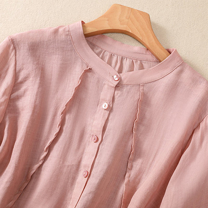 Camicia da donna a maniche a tre quarti in cotone e lino con bottoni, design a volant e stampa Buddha Stones, casual e semplice. - image 24