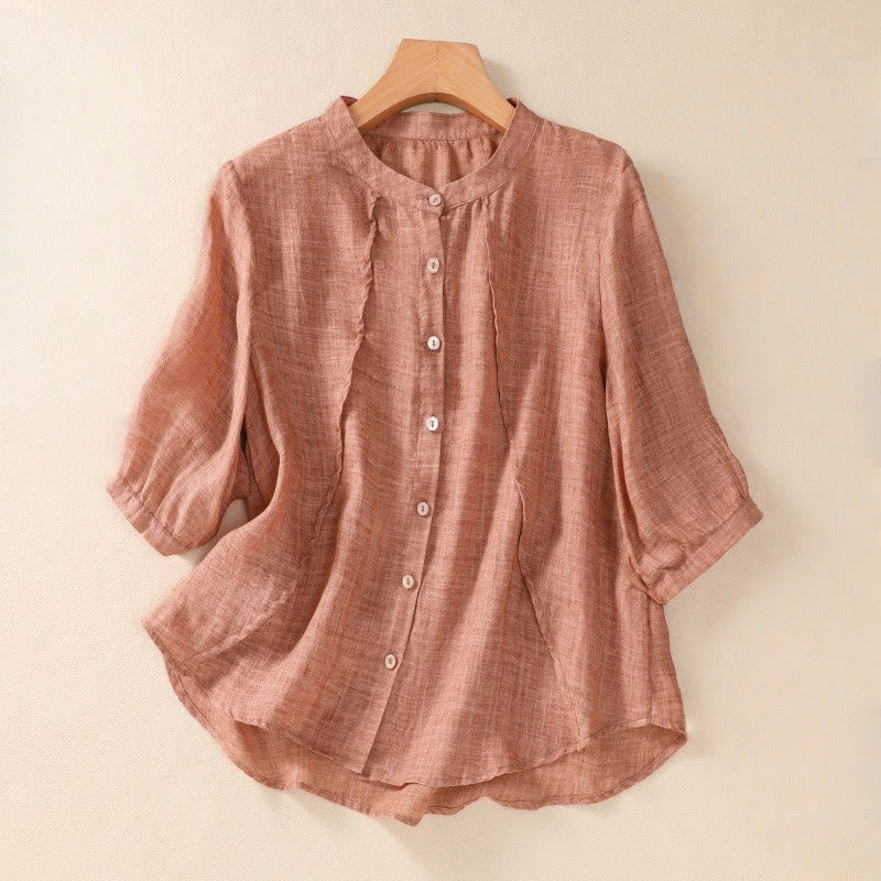 Camicia da donna a maniche a tre quarti in cotone e lino con bottoni, design a volant e stampa Buddha Stones, casual e semplice. - Corallo - US8-10, UK/AU12-14, EU40-42 (2XL) - image 15