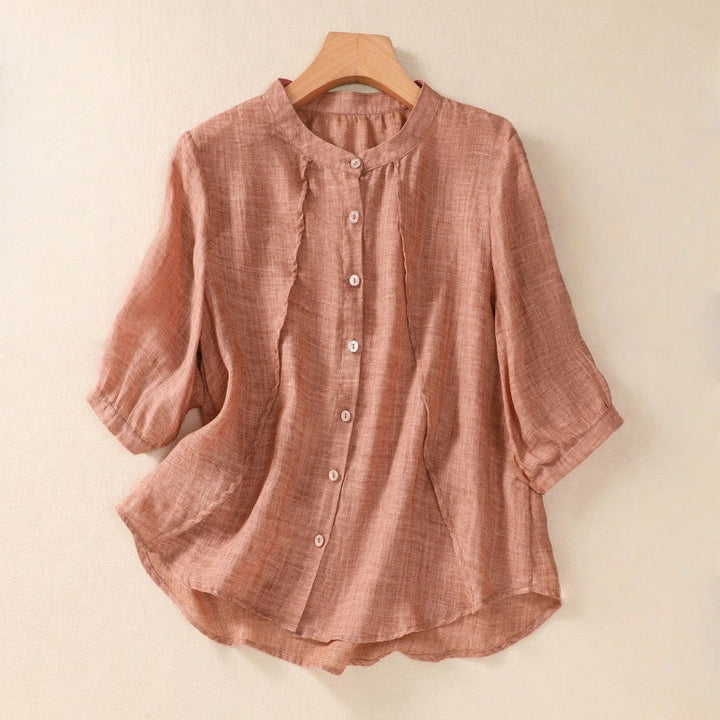 Camicia da donna a maniche a tre quarti in cotone e lino con bottoni, design a volant e stampa Buddha Stones, casual e semplice. - Corallo - US8-10, UK/AU12-14, EU40-42 (2XL) - image 15