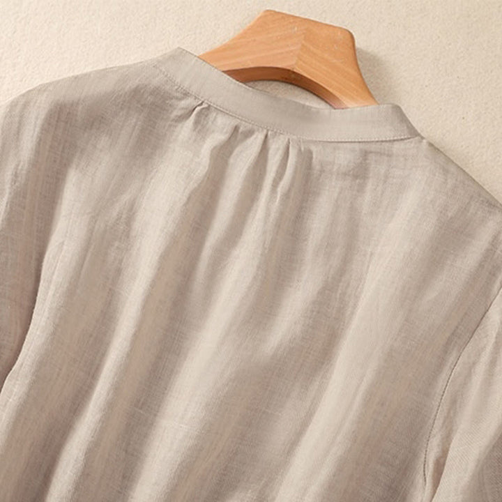 Camicia da donna a maniche a tre quarti in cotone e lino con bottoni, design a volant e stampa Buddha Stones, casual e semplice. - image 11