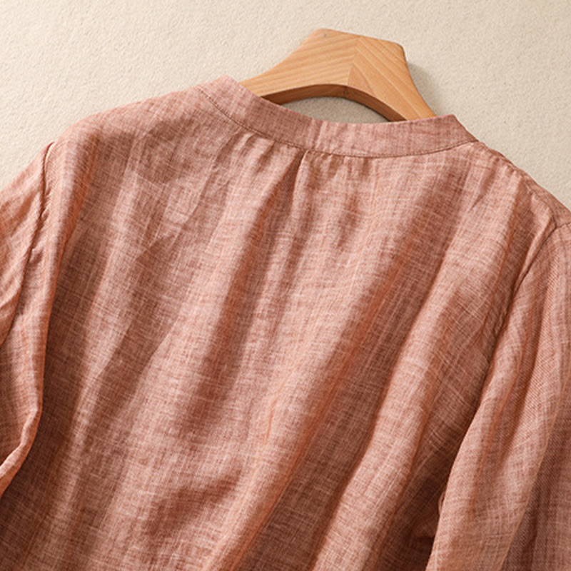 Camicia da donna a maniche a tre quarti in cotone e lino con bottoni, design a volant e stampa Buddha Stones, casual e semplice. - image 18