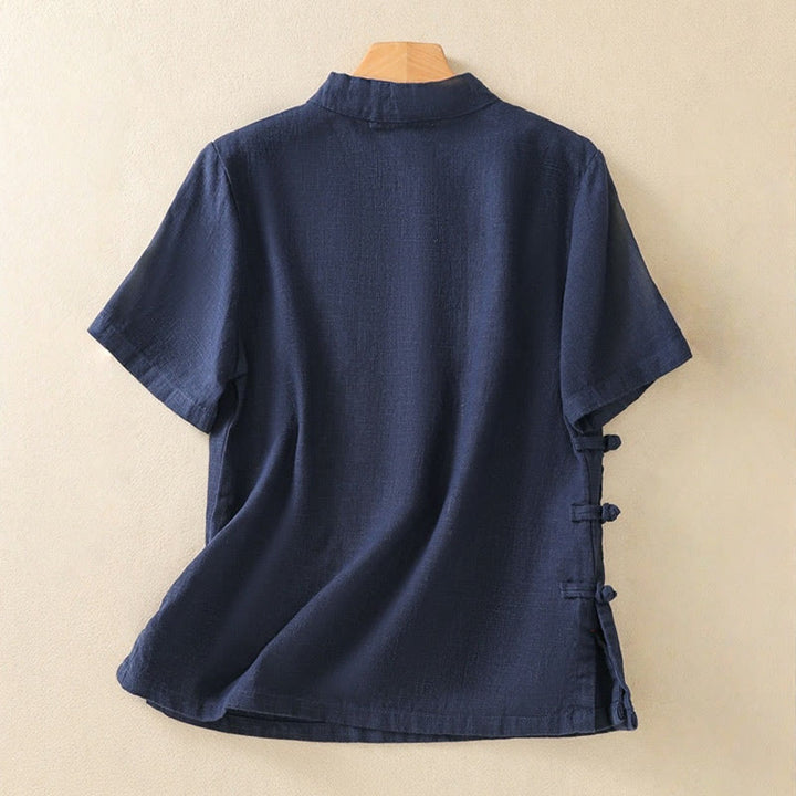 Abito da donna in cotone e lino con maniche a tre quarti, colletto obliquo e bottoni a rana colorati, stile casual Buddha Stones, camicia casual in cotone e lino con maniche a tre quarti. - image 1