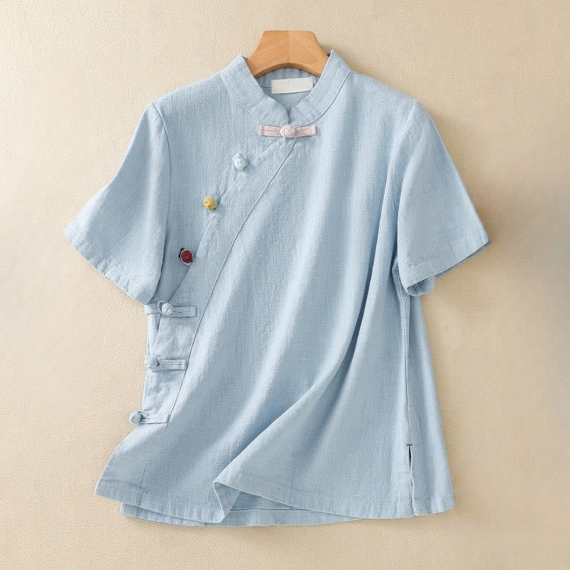 Abito da donna in cotone e lino con maniche a tre quarti, colletto obliquo e bottoni a rana colorati, stile casual Buddha Stones, camicia casual in cotone e lino con maniche a tre quarti. - Azzurro cielo chiaro - US8-10, UK/AU12-14, EU40-42 (2XL) - image 15