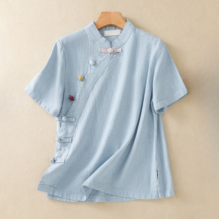 Abito da donna in cotone e lino con maniche a tre quarti, colletto obliquo e bottoni a rana colorati, stile casual Buddha Stones, camicia casual in cotone e lino con maniche a tre quarti. - Azzurro cielo chiaro - US8-10, UK/AU12-14, EU40-42 (2XL) - image 15