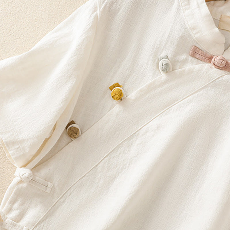 Abito da donna in cotone e lino con maniche a tre quarti, colletto obliquo e bottoni a rana colorati, stile casual Buddha Stones, camicia casual in cotone e lino con maniche a tre quarti. - image 11