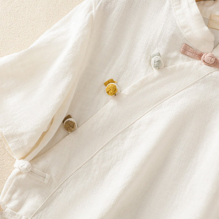 Abito da donna in cotone e lino con maniche a tre quarti, colletto obliquo e bottoni a rana colorati, stile casual Buddha Stones, camicia casual in cotone e lino con maniche a tre quarti. - image 11