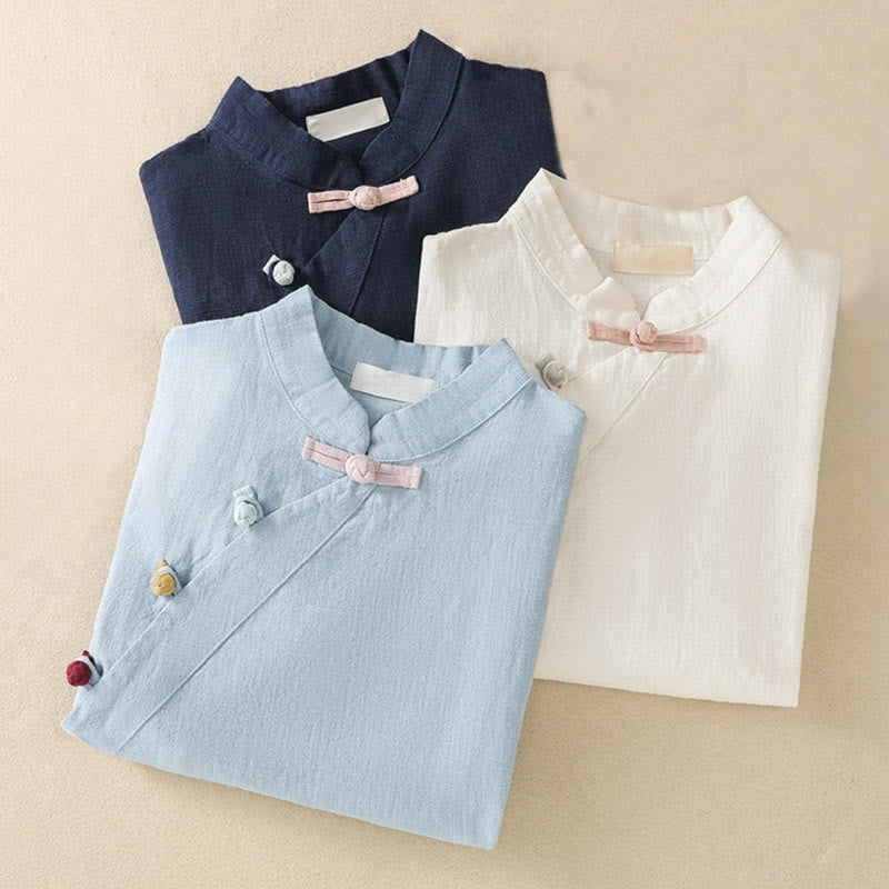 Abito da donna in cotone e lino con maniche a tre quarti, colletto obliquo e bottoni a rana colorati, stile casual Buddha Stones, camicia casual in cotone e lino con maniche a tre quarti. - image 25