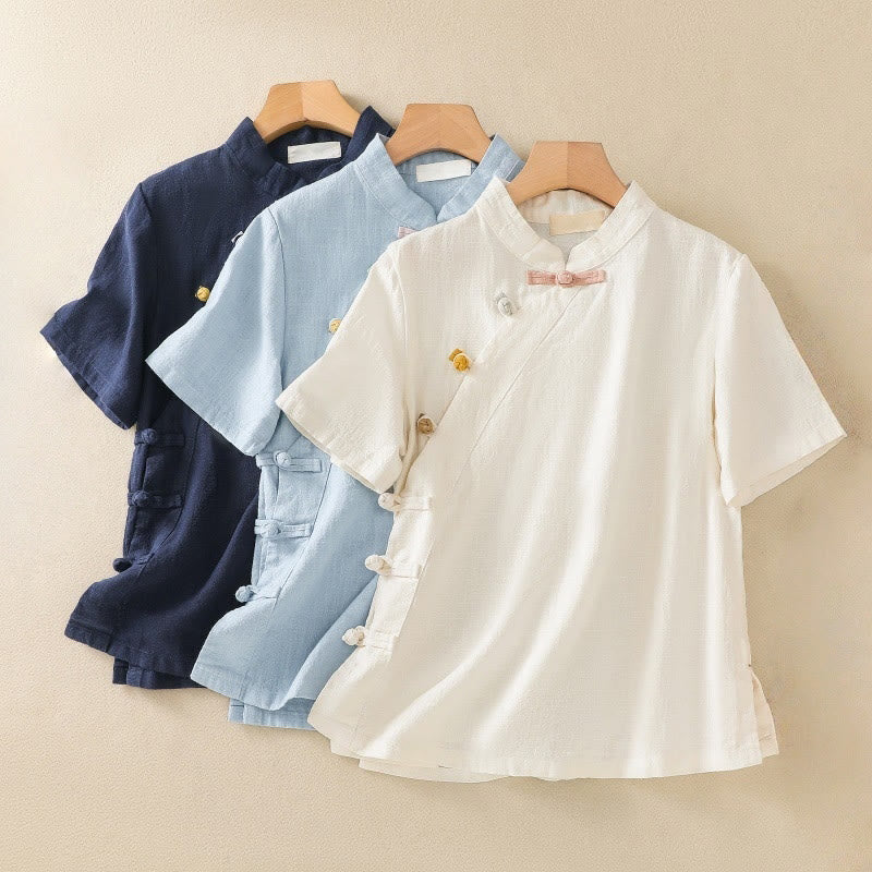 Abito da donna in cotone e lino con maniche a tre quarti, colletto obliquo e bottoni a rana colorati, stile casual Buddha Stones, camicia casual in cotone e lino con maniche a tre quarti. - image 24