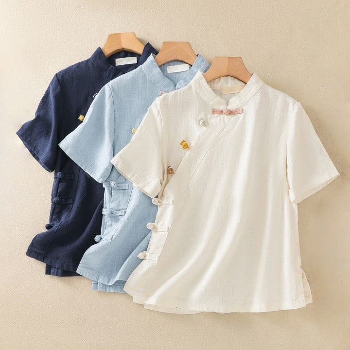 Abito da donna in cotone e lino con maniche a tre quarti, colletto obliquo e bottoni a rana colorati, stile casual Buddha Stones, camicia casual in cotone e lino con maniche a tre quarti. - image 24
